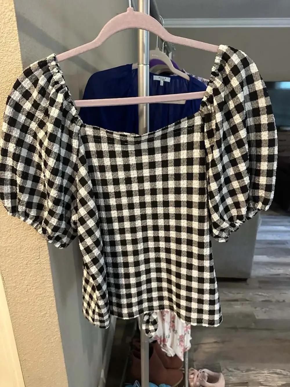 LOFT Black and White Gingham Textured Square Neck Puff Sleeve Tie-Front Blouse